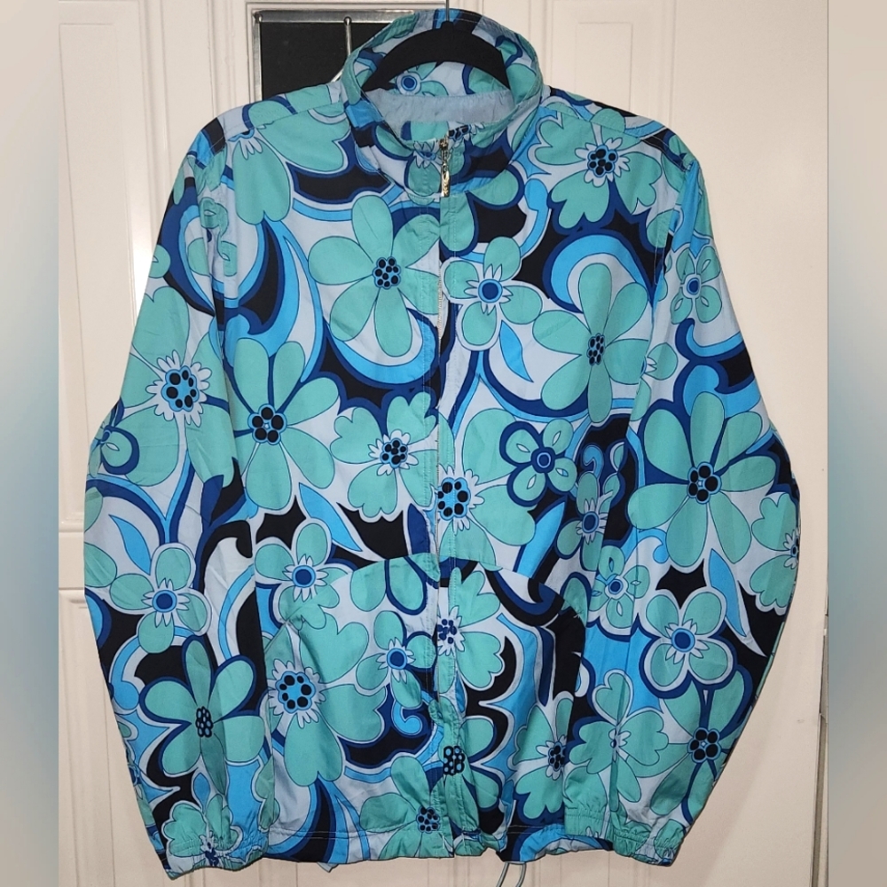 Catalina blue floral print windbreaker women's size Large 12/14